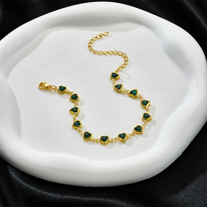 European and american cross-border new arrival: fashionable retro green heart crystal bracelet - unique, versatile green bracelet jewelry