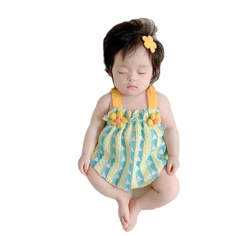 Newborn infant summer new korean style chic baby girl 3d floral striped romper with lantern sleeves - trendy bodysuit