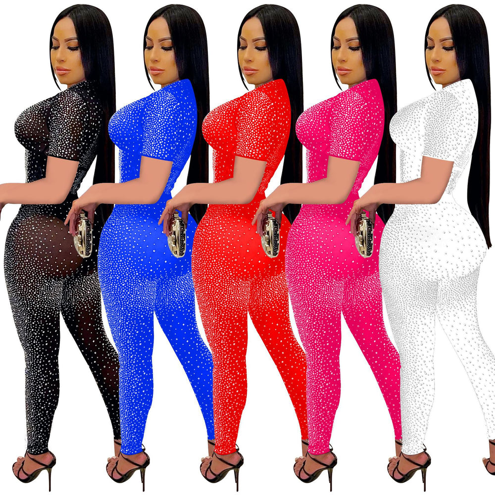 C6256 cross-border   fashion women's solid color mesh rhinestone short sleeve top and pants two-piece set