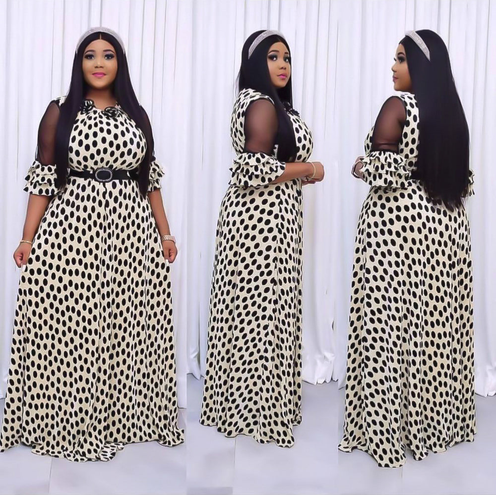 sourcing:  &  - african plus size women's slimming long a-line dress with polka dot lace detail