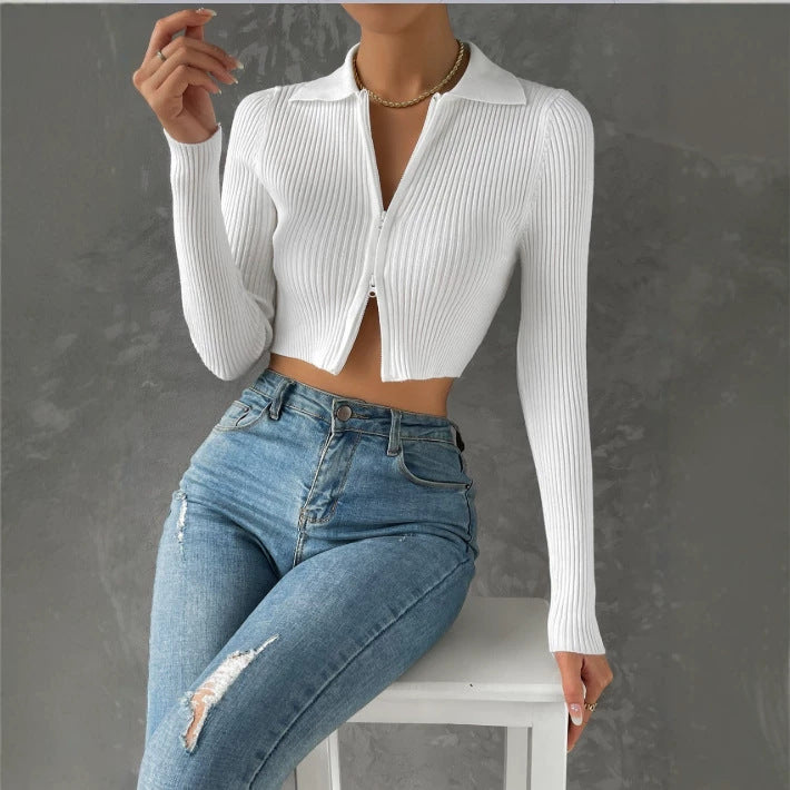 new arrival double-ended zipper knittingcardiganpure colorsilmslimming lookhigh waistcrop toplong sleeves short tops women's sweater