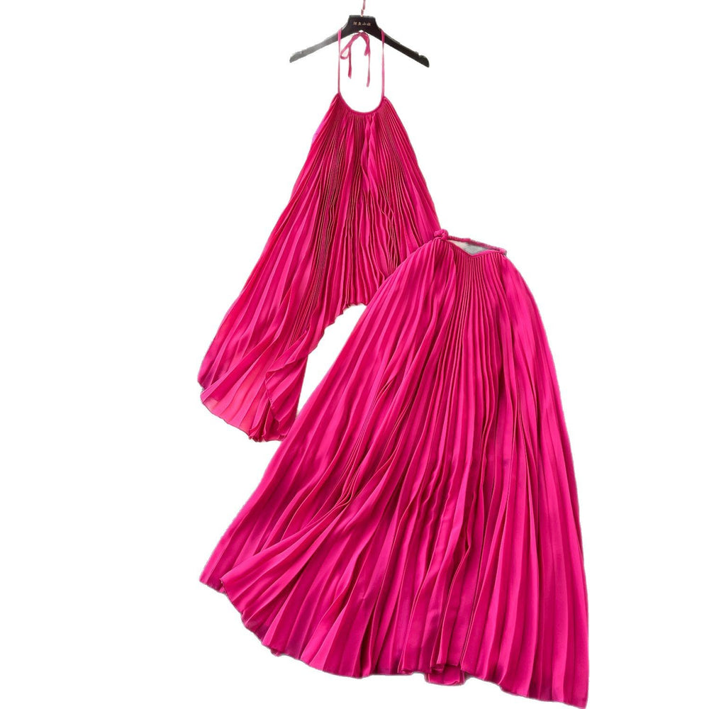 Beach vacation style set for women,  new arrival: halter chiffon top with heavily pleated skirt, premium two-piece outfit