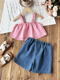 cross-border girls' playful & cute cami top + embroidered denim shorts set with bow detail