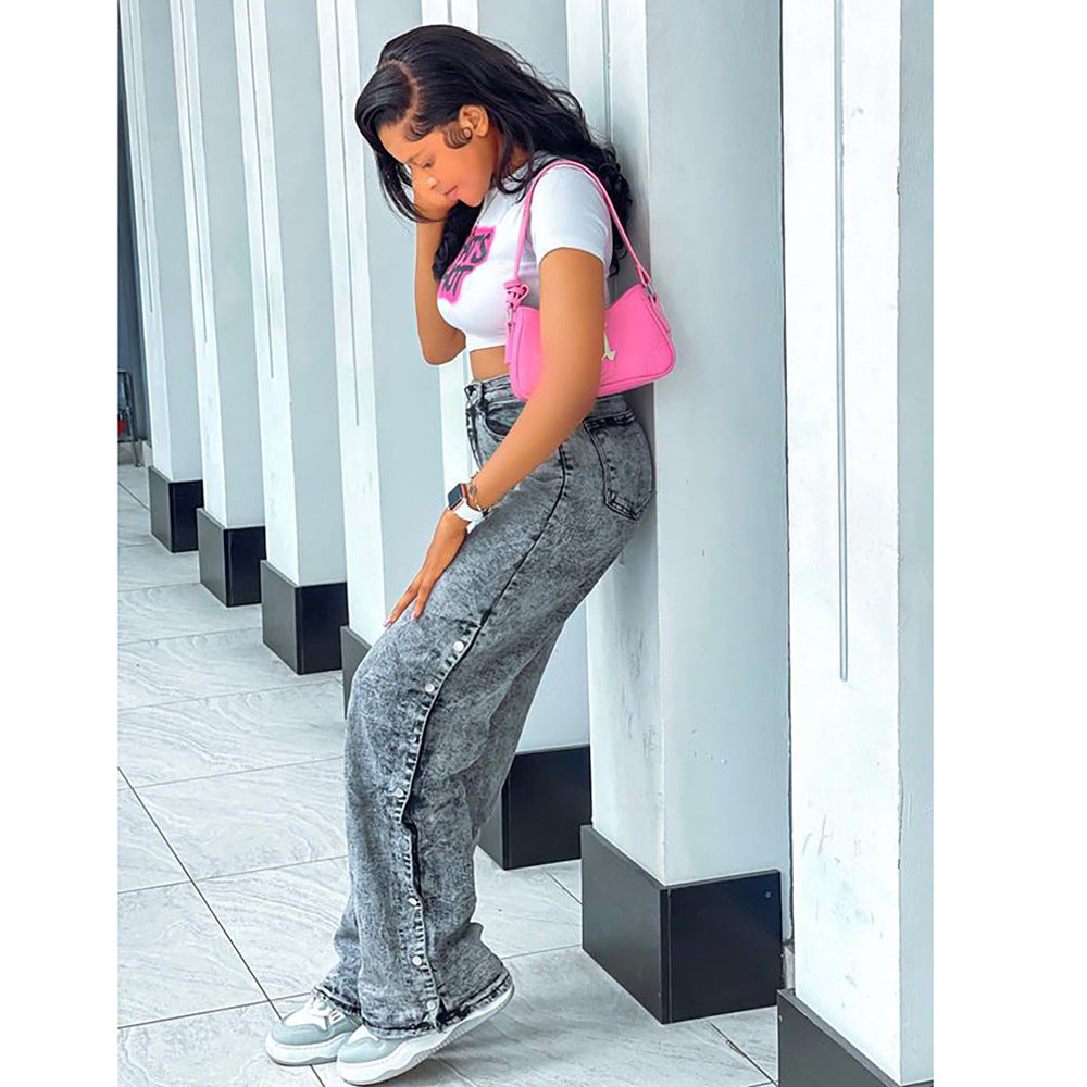 European and american style women's jeans -  foreign trade - fashionable hot girl high-waisted side slit single-breasted casual pants