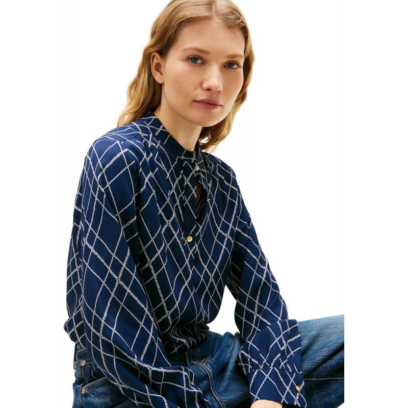 Amazon fashion blue plaid long-sleeve shirt for women,  spring new arrival, stylish and elegant loose-fit top