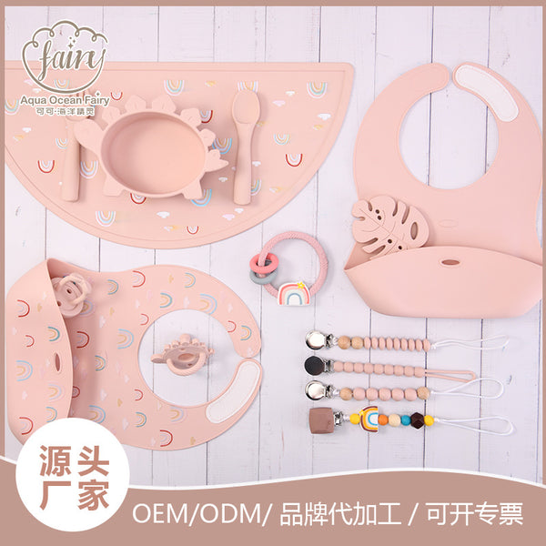 Silicone feeding tableware set, children's suction cup bowl spoon placemat, learning to eat training children's tableware set custom