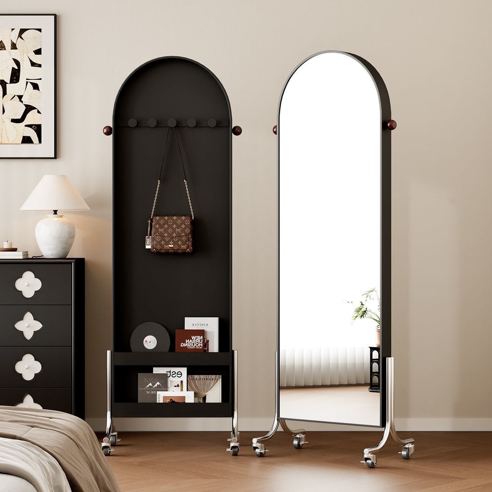 Full-length mirror, movable mirror, medieval style storage magazine rack, floor mirror, home storage bookshelf, rotating full-length mirror