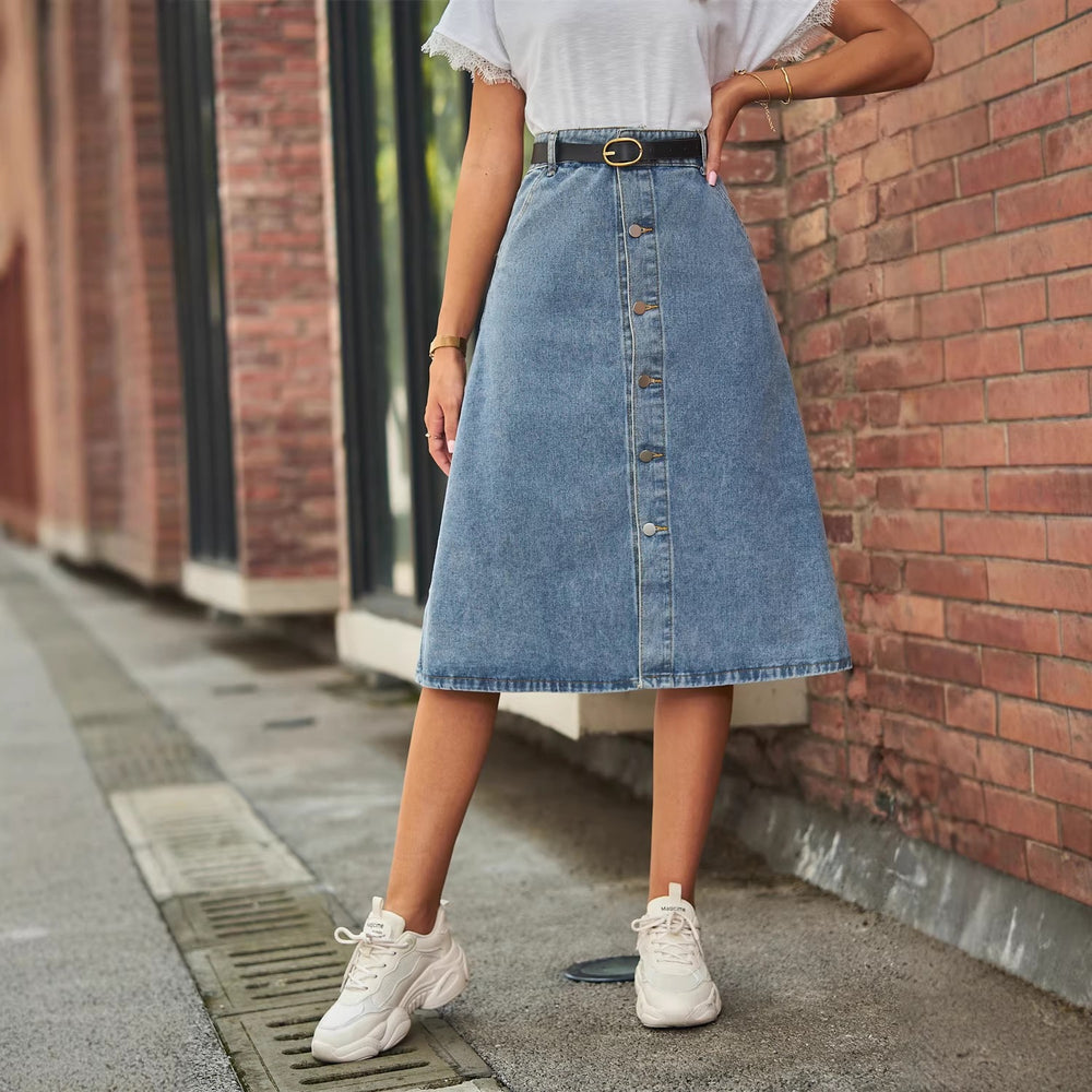 Fashion cross-border foreign trade   new arrivaleasiest for matchslimming look washed denim single-breasted skirt skirt for women