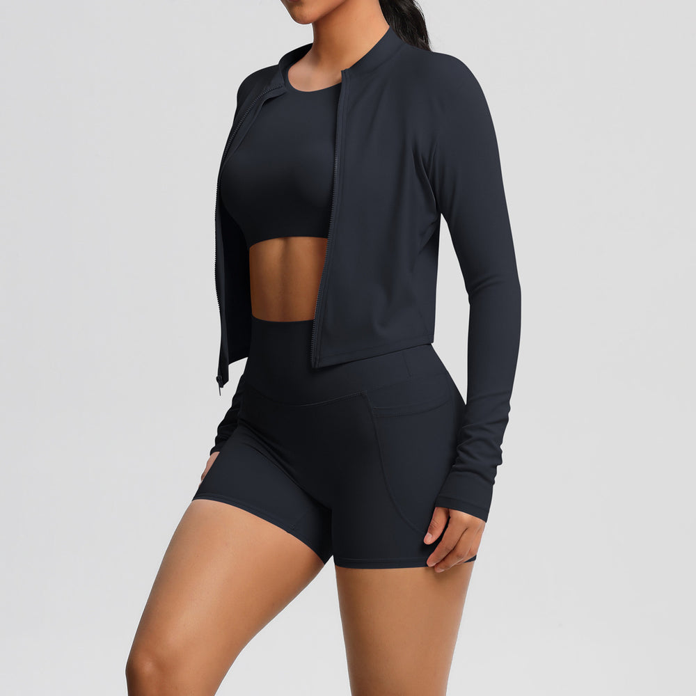 cloud-feel brushed short-sleeved sports zipper outwearflap pocket pants shorts hip-lifting fitness yoga wear three-piece set