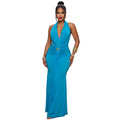 C7789 cross-border  new women's halter neck deep v ruched mermaid evening dress slim fit banquet party gown