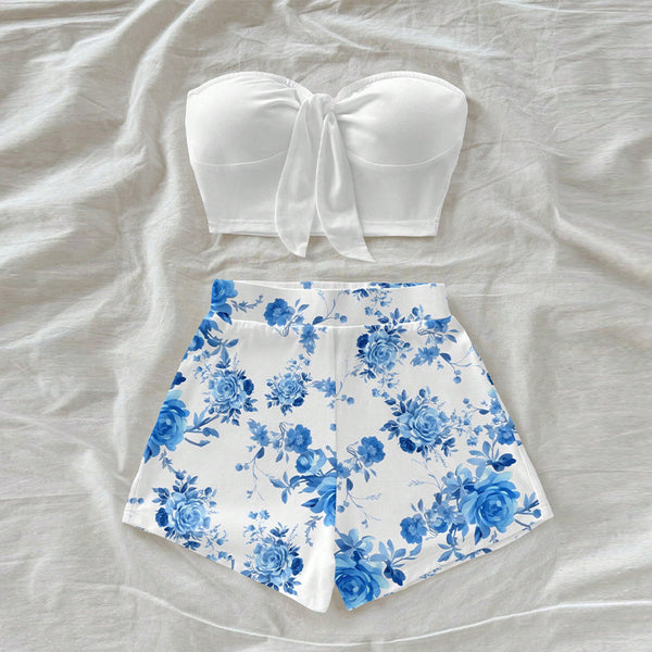 Ruihu    tube top printing hot pants set 2025 summer vacation style top two-piece set women