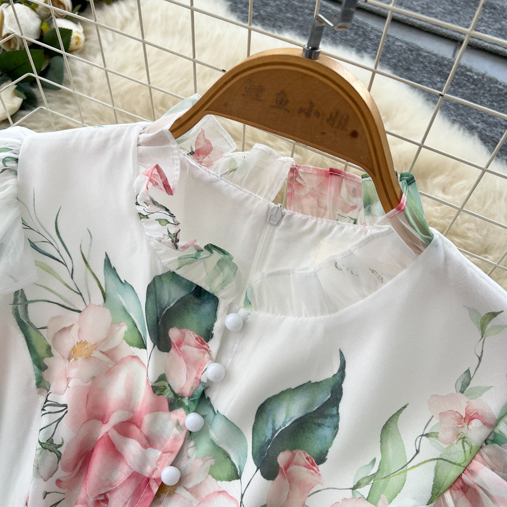 French romantic floral print tie-waist dress - women's early spring long sleeve v-neck a-line maxi dress - elegant