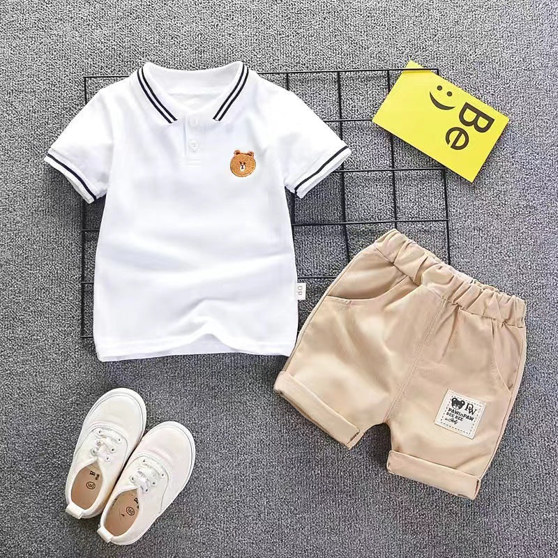 Kids' summer cotton linen short-sleeve set: boys' cartoon deer print shirt, korean style casual two-piece outfit - cross-border wholesale