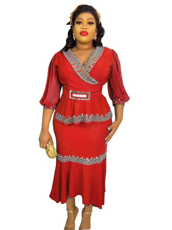 V-neck, waist-cinching, mid-sleeve top and midi skirt set with hot-fix rhinestones and bead embellishments – trendy african women's clothing, cross-border wholesale, special price