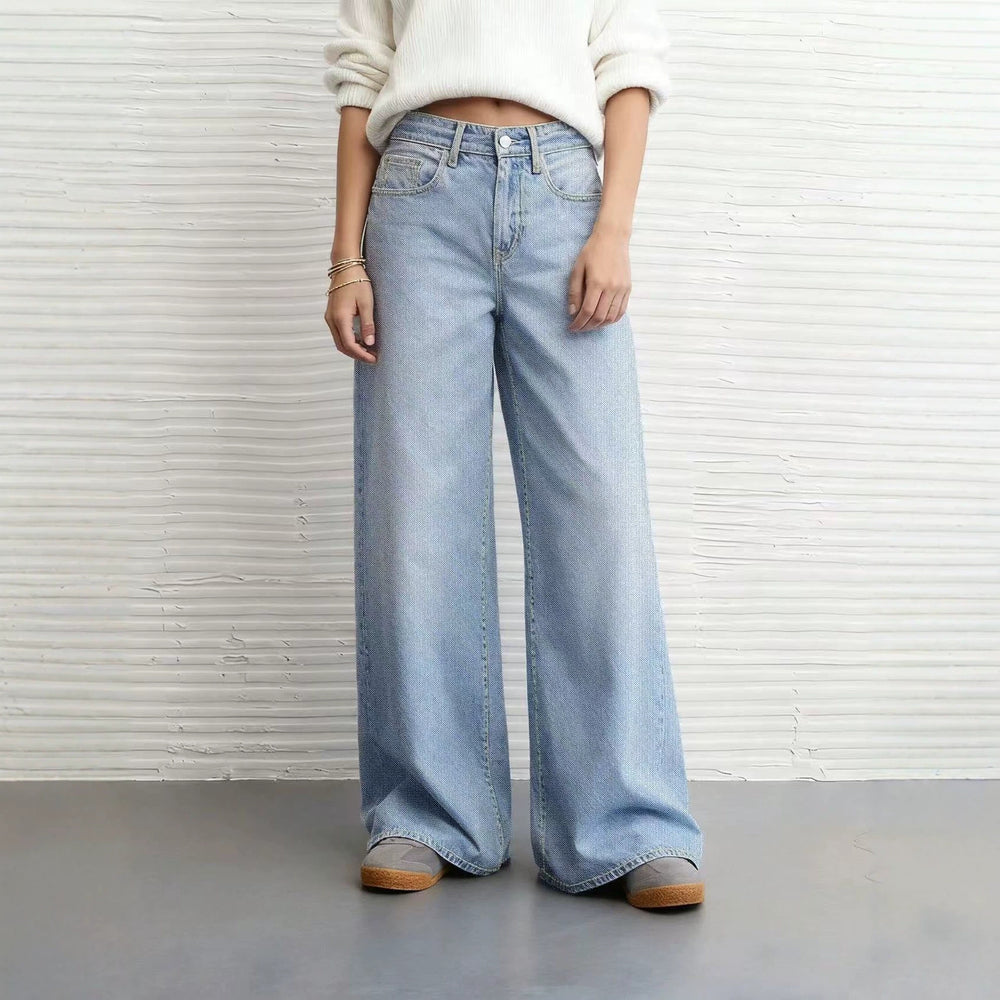 Fashion style light blue washed denim pants women's button front flap pocket pants high waistloose pantsslimming lookmopjeans