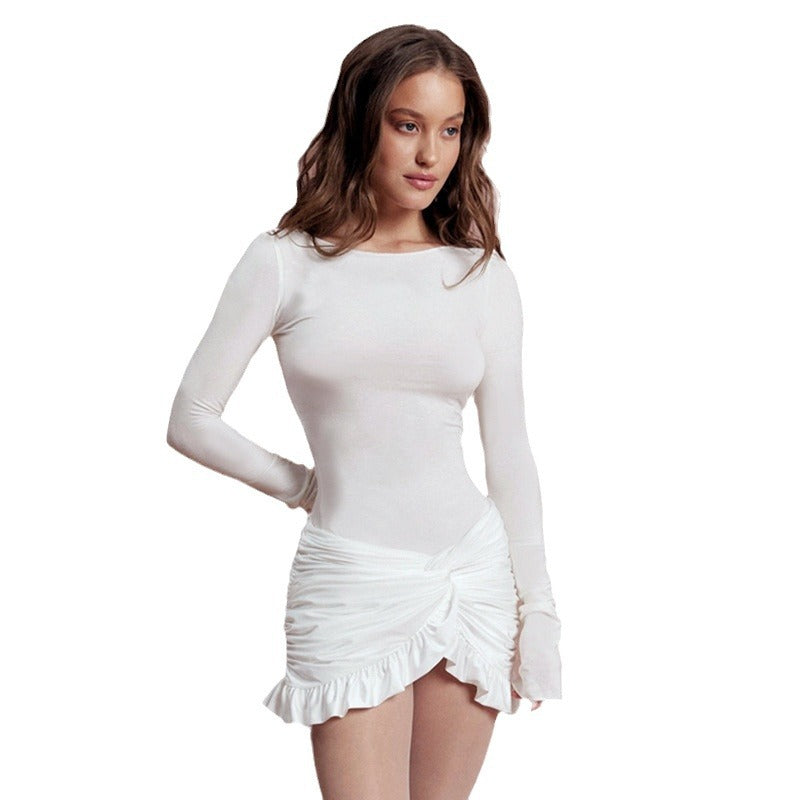 autumn new arrivals: european & american style fashionable round neck long sleeve slim fit ruched twist detail bodycon mini dress