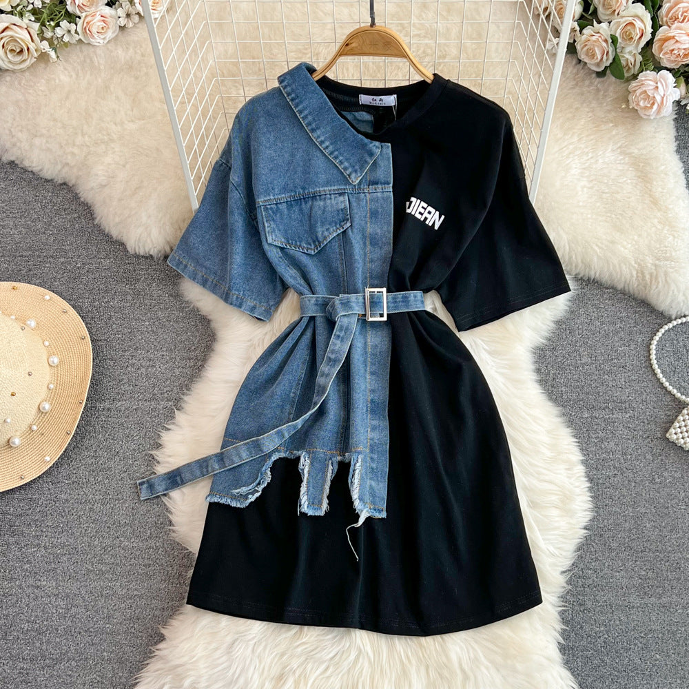 Retro hong kong style elegant waist with belt round neck color matching denim shirt spring new arrivalchiccasual medium length tops