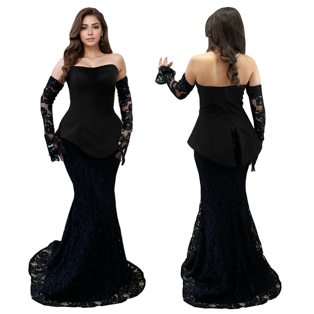C7299 cross-border   fashion women's sexy bandeau see-through lace maxi dress two-piece set