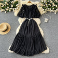French-inspired beaded, ruffled, lantern-sleeve, a-line chiffon dress with a cinched waist and flattering, full skirt