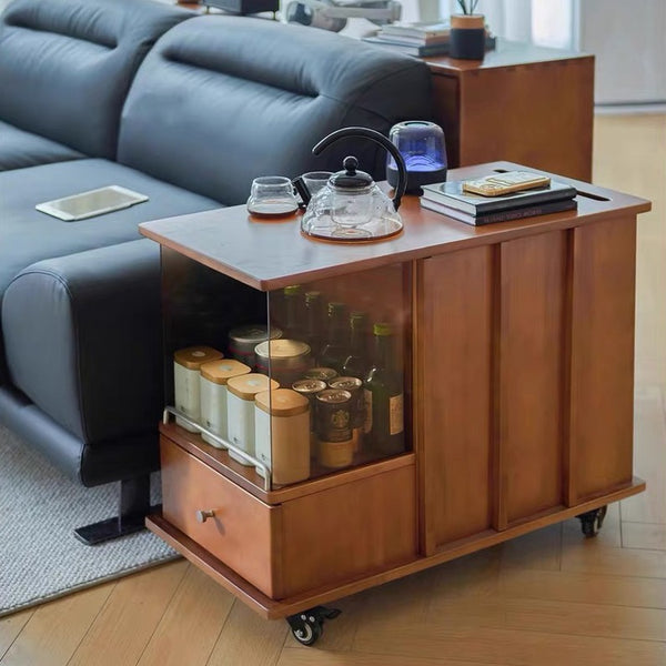 Nordic retro simple solid wood tea table household tea table mobile sofa tea side cabinet tea cart living room tea kettle