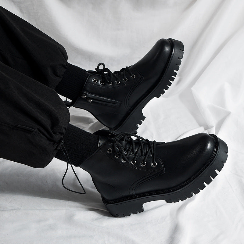 Men's spring new british style leather shoes black martin boots motorcycle side zipper height increasing thick sole mid-top workwear short boots