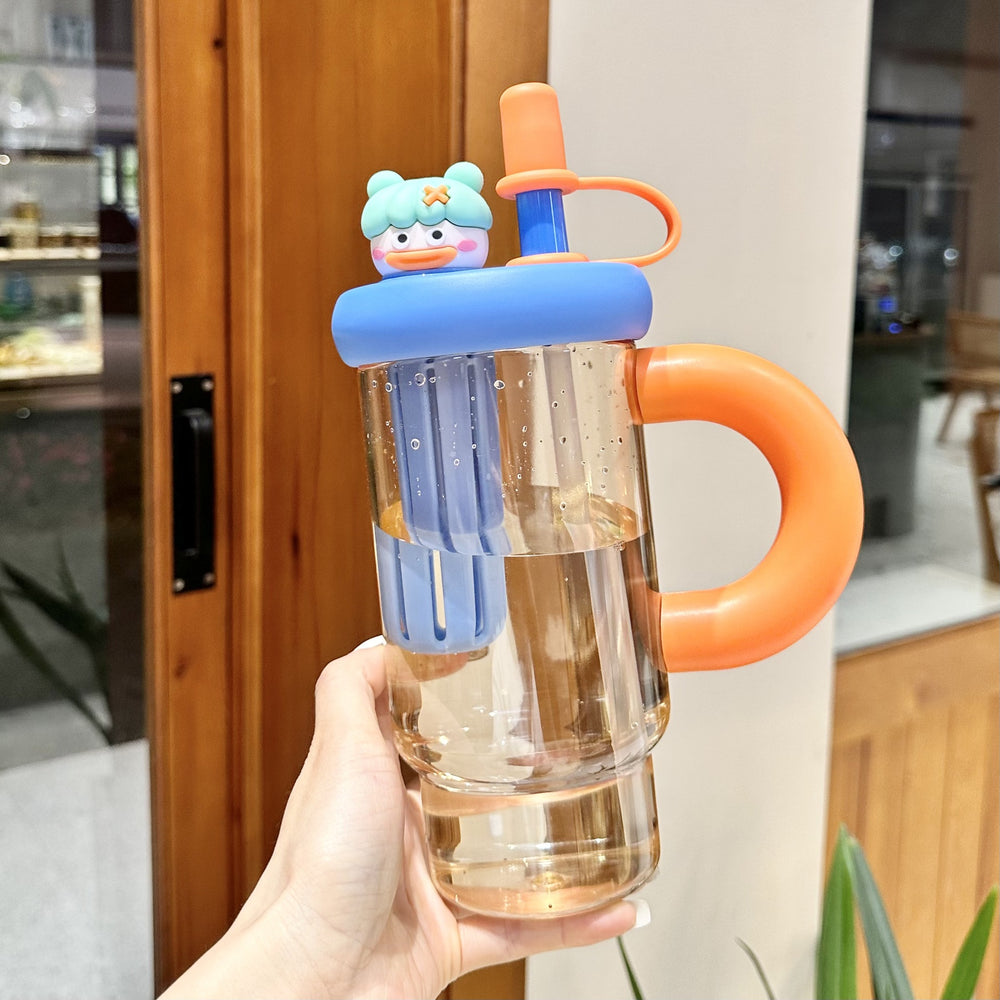 Summer high-looking tea warehouse plastic cup cartoon large capacity handle straw cup student outdoor portable ice straw