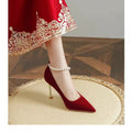 Red wedding shoes for women, new spring 2025 collection, pearl chain bridal shoes, xiuhe dress style, chinese high heels