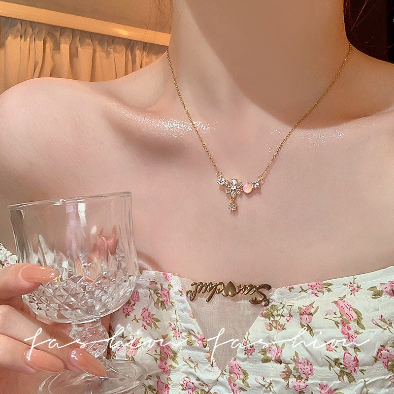 Early spring zircon flower titanium steel necklace for women accessible luxuryniche styleins pink flower clavicle chain forest style fashion necklace