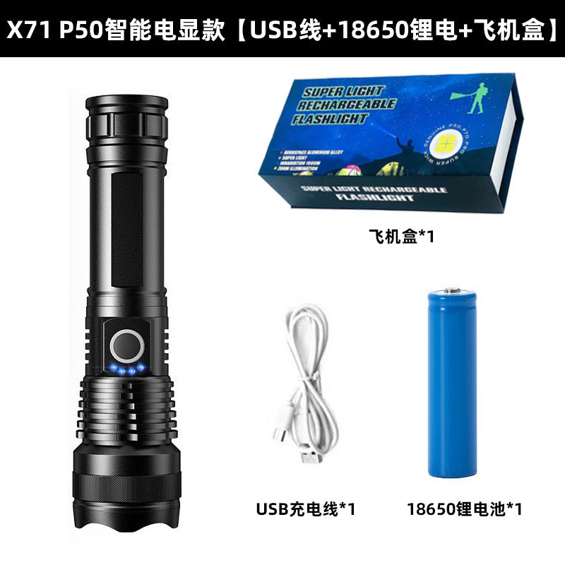 Cross-border XHP50 strong light flashlight USB charging aluminum alloy multi-function outdoor telescopic zoom waterproof flashlight