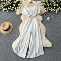 Sense of design scheming pleated v neckshort puff sleeve tops women's two-piece setsummerhigh waist slit loose pants