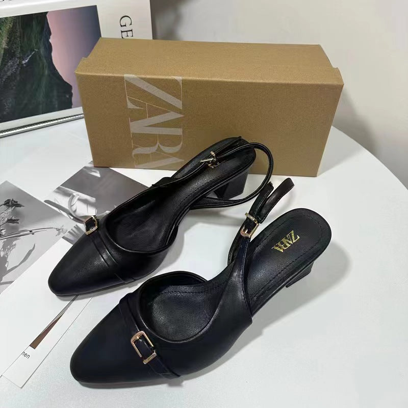 Za new 2024 european and american fashion chunky heel square toe low-cut hollow-out back strap buckle fashion sandals for women