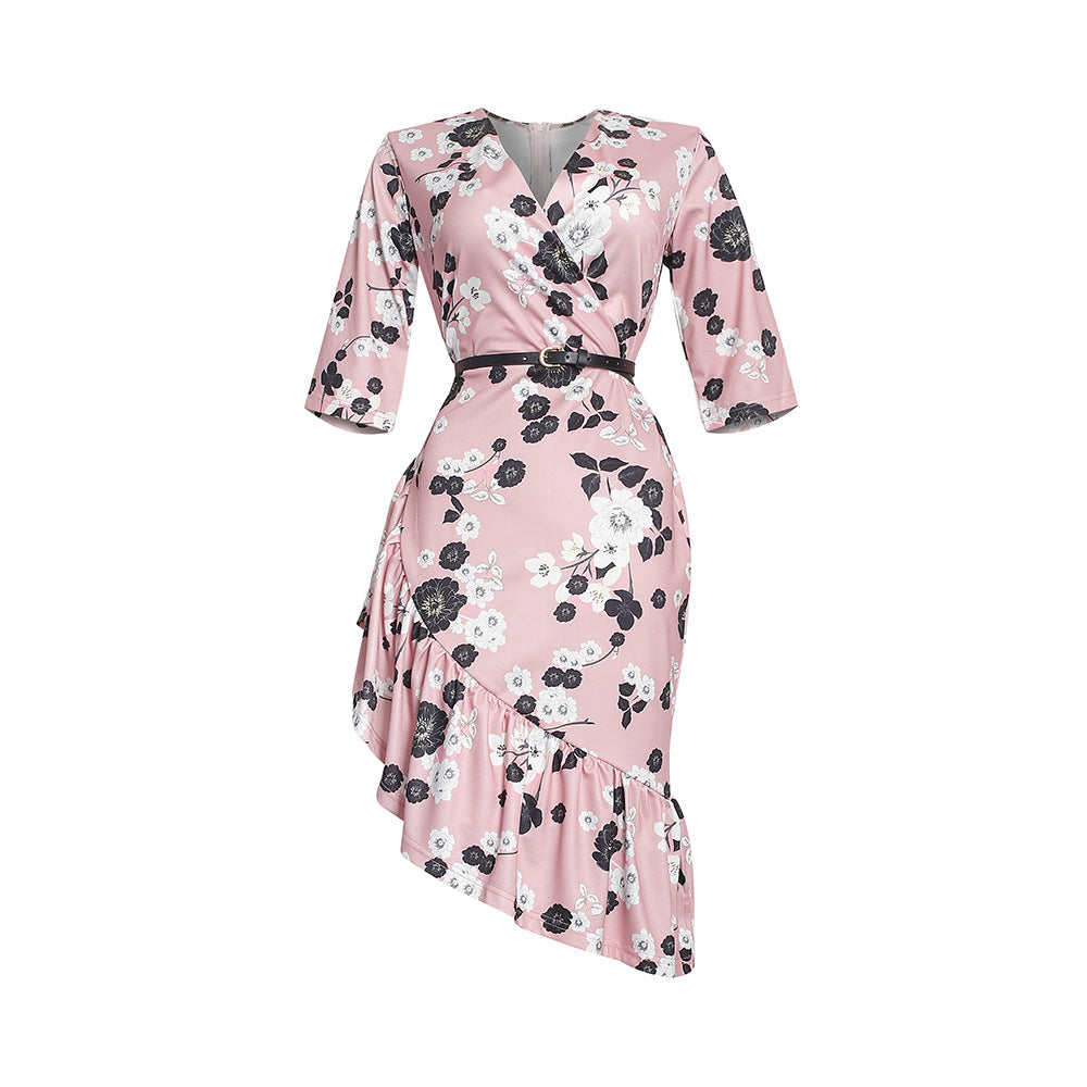 European and american african women's summer plus size clothing  v-neck private label socialite print irregular dress