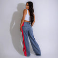 Best selling european and american clothing fashionpatchworkstripescontrast color denim pants new arrivalcasual waist elastic straight-leg pants