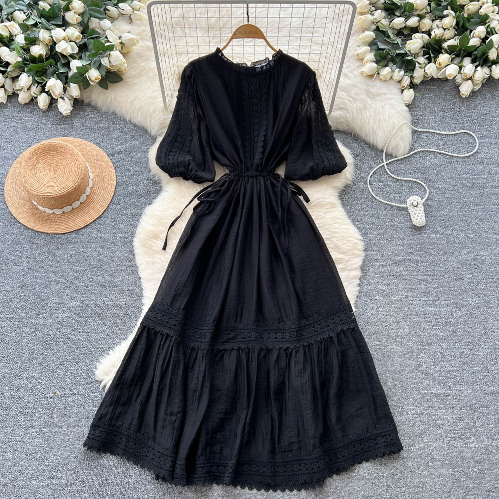French chic lace-trimmed lantern sleeve dress - slimming, elegant, and flowy maxi dress with tie waist