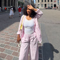 European and american cross-border women's fashion:  summer new collection - stylish casual turn-down collar long sleeve shirt and high-waisted tie-waist pants set