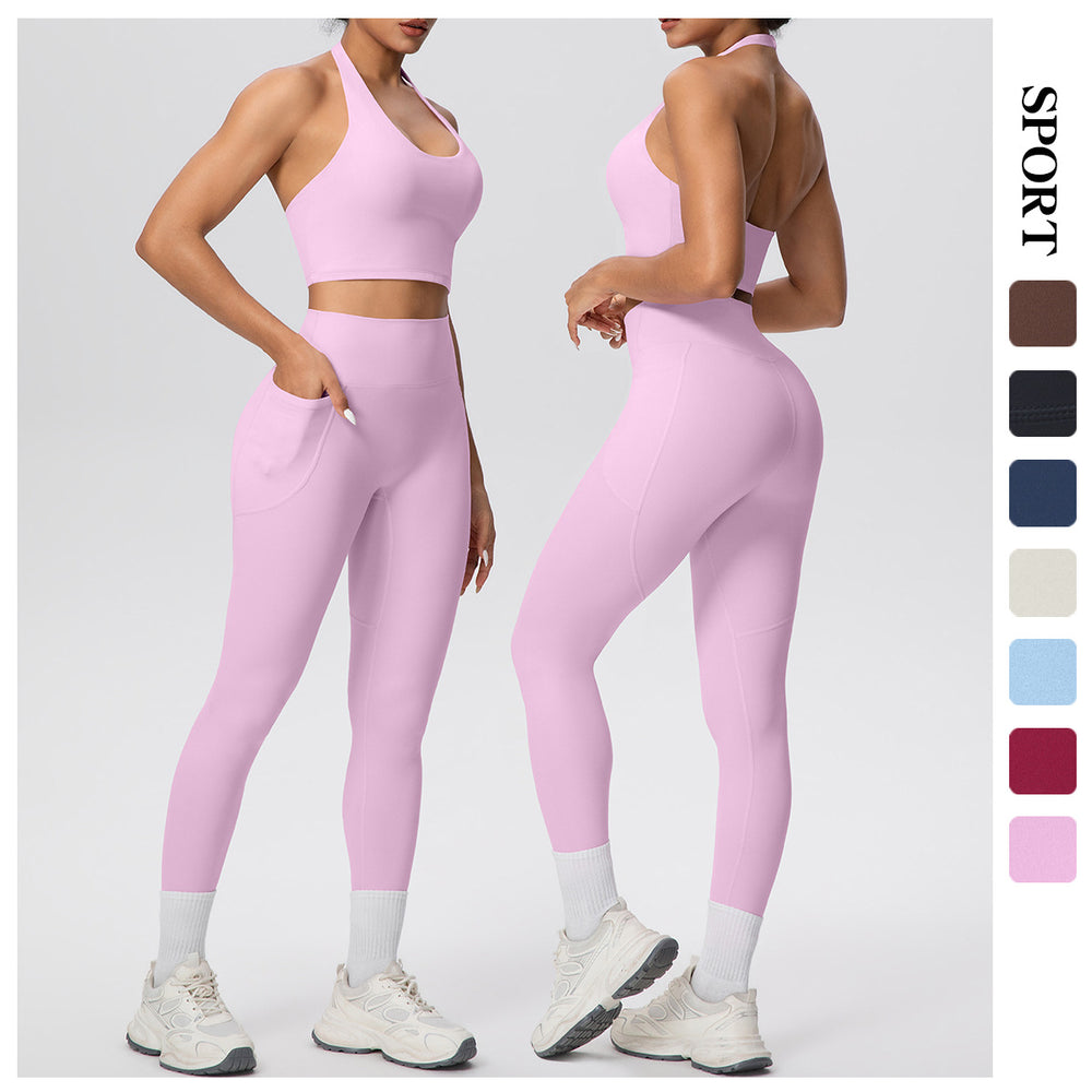 New halter neck backless high-waisted butt-lifting pocket pants activewear set - cloud-like comfort for casual outdoor running, fitness, and yoga