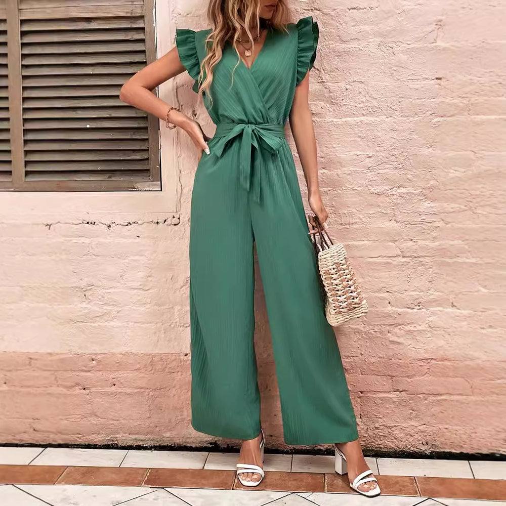 Pre-sale-72265 cross-border fashionexport women's fashioneasiest for matchsilm slimming lookv neckhigh waisttie back jumpsuits