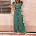 Pre-sale-72265 cross-border fashionexport women's fashioneasiest for matchsilm slimming lookv neckhigh waisttie back jumpsuits