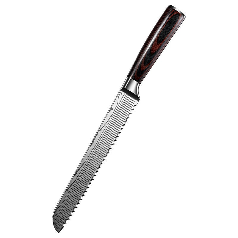 420 stainless steel kitchen bread knife sawtooth knife laser pattern chef slicing knife solid wood non-slip knife meat cutter