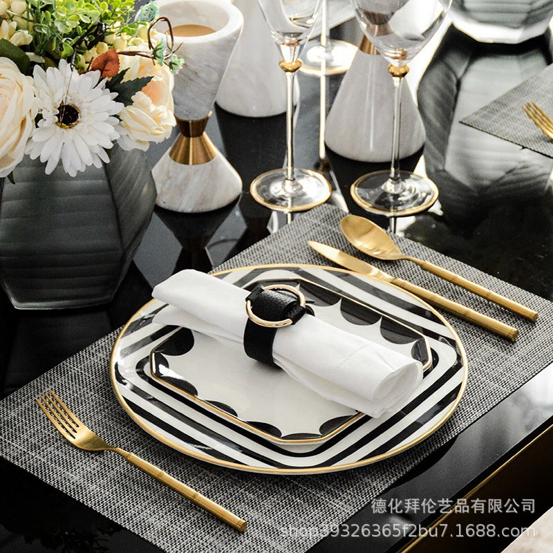 Minimalist nordic gold-trimmed western dinner plate creative tableware ceramic model room club steak plate black and white geometric set