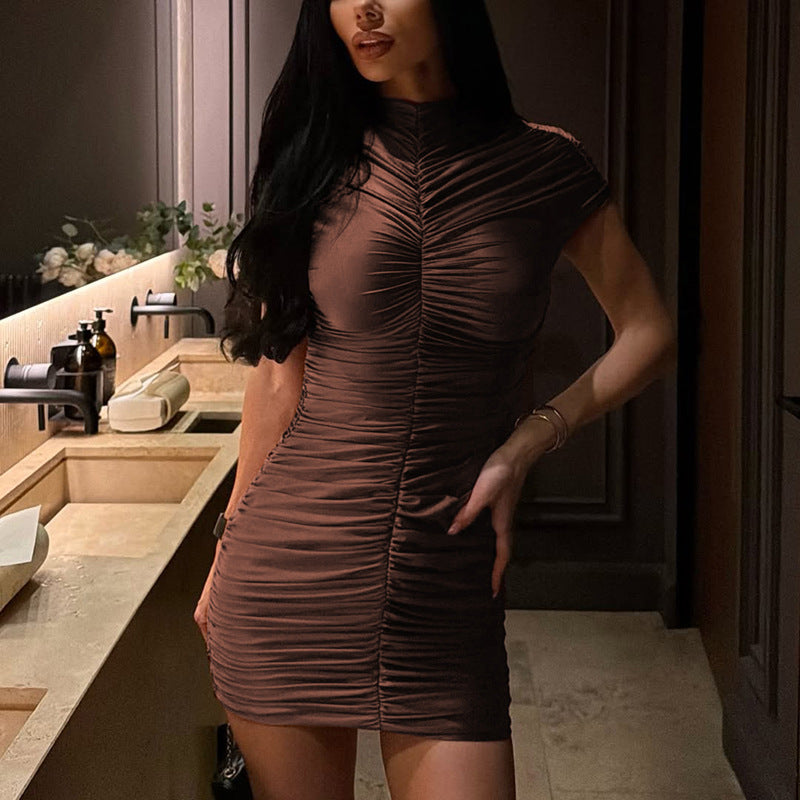 European and american export women's clothing  autumn new arrival casual short sleeve solid color round neck shirred bodycon mini dress