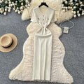 Light mature style white a-line short-sleeved dress for women summerk-style high waist waist work clothingfrench gentle style long skirt