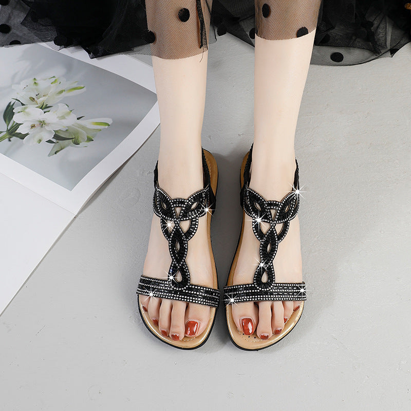 2025 summer new arrivals: plus size rhinestone flat sandals - european & american style chunky platform thong beach sandals
