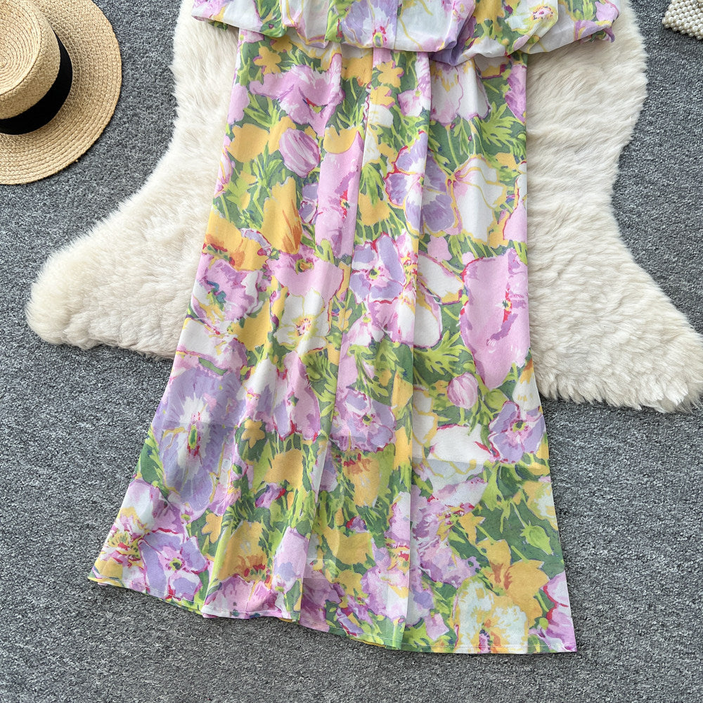 French riviera floral print bandeau dress - women's summer sleeveless high-waisted a-line dress
