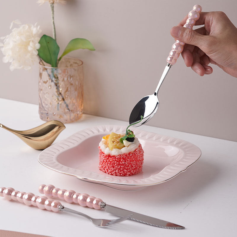 Light luxury style ins knife, fork, spoon, pearl handle, stainless steel tableware, creative fork, household high-looking mooncake knife and fork