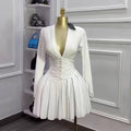 Export women's clothing pleated v necklong sleevesdressfrenchelegant silm waist slimming lookpleated short skirt
