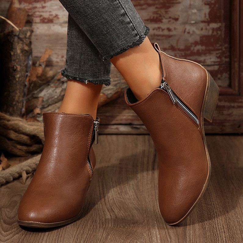 Chunky heel ankle boots - new autumn/winter  collection - european & american style, plus size, pointed toe, side zipper, comfortable bare boots - wholesale for women