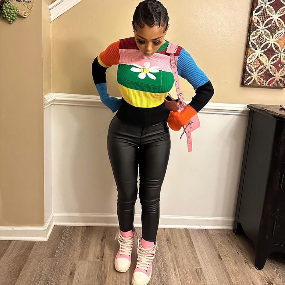 European cross-border women's clothing   winter new color block crew neck flared sleeve floral knit sweater