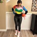 European cross-border women's clothing   winter new color block crew neck flared sleeve floral knit sweater