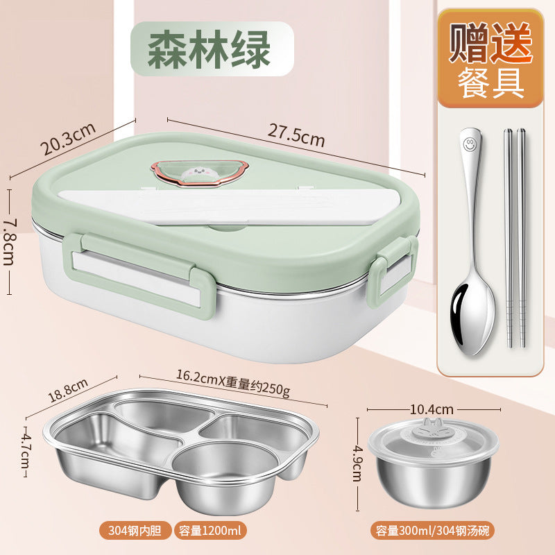 Food grade 304 stainless steel lunch box, large-capacity work portable grid lunch box, student cartoon dinner plate bento box